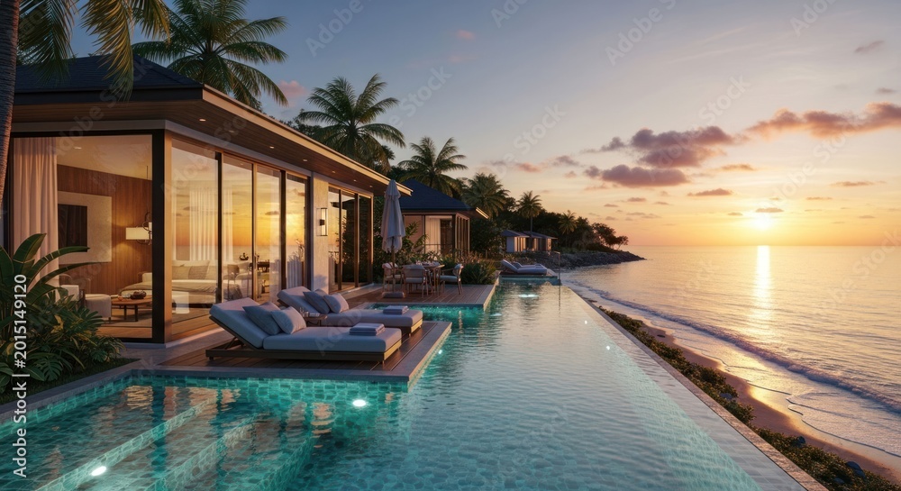 Fototapeta premium Luxury Tropical Villa with Infinity Pool at Sunset 1.