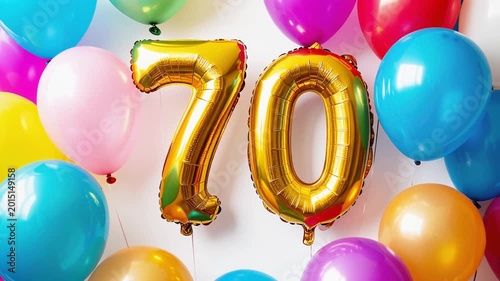 Gold 70 balloons, celebration with colorful balloons, mp4 video. AI