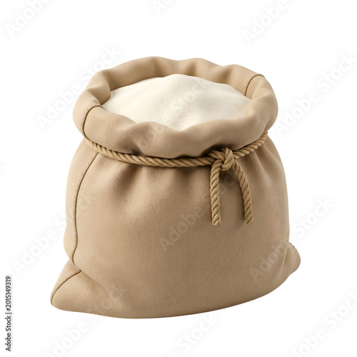 Full burlap sack filled with white powder or sugar tied with rough jute rope isolated on transparent grid background