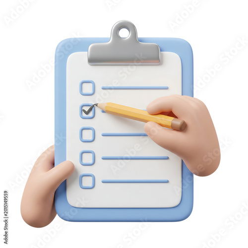 Hands holding clipboard with checklist and pencil marking item, 3d illustration, isolated on transparent background, task completion