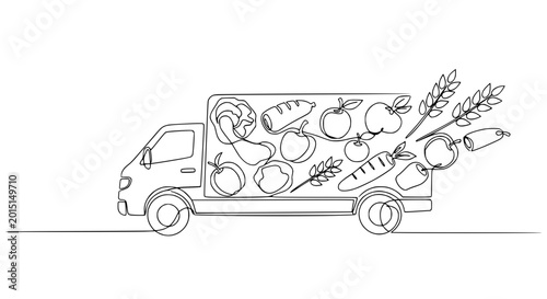 Continuous line drawing of a delivery truck filled with fresh produce and baked goods.