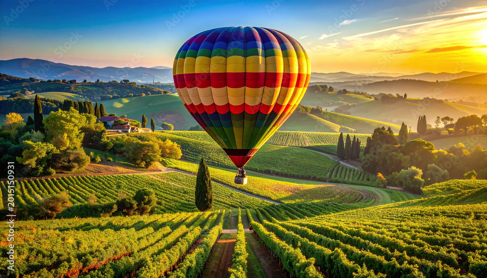 Obraz premium Vibrant hot air balloon soaring above sunkissed vineyards at dawn. This breathtaking landscape symbolizes freedom and luxury, perfect for travel, wine, and inspirational marketing.