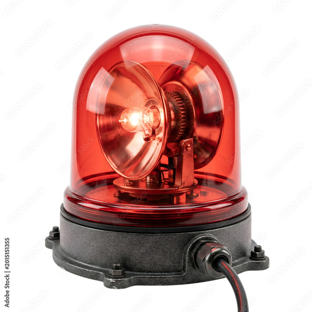 Naklejka premium Rotating red beacon light warning system with visible bulb and internal gears on industrial base, alert signal