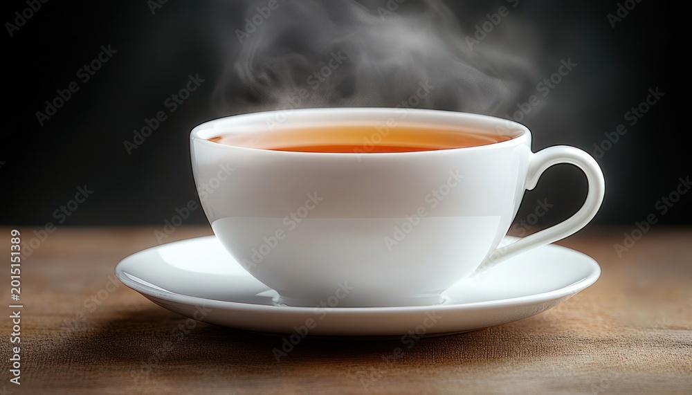 Fototapeta premium Steaming cup of hot tea in a white porcelain cup and saucer on a wooden table against a dark background, warm and inviting