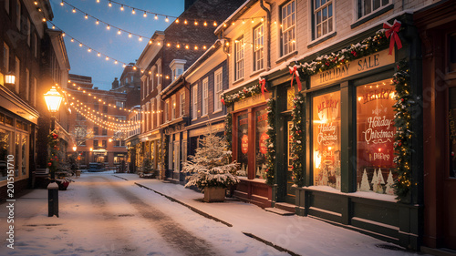 Snowy village street adorned with festive lights and decorated shops during twilight