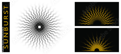 Abstract halftone sunburst background with wavy radiating rays.