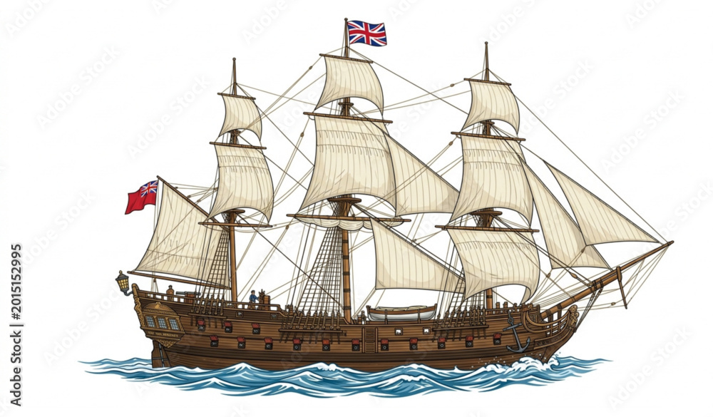 Naklejka premium Vintage Wooden Sailing Ship Vector Illustration Isolated on White Background