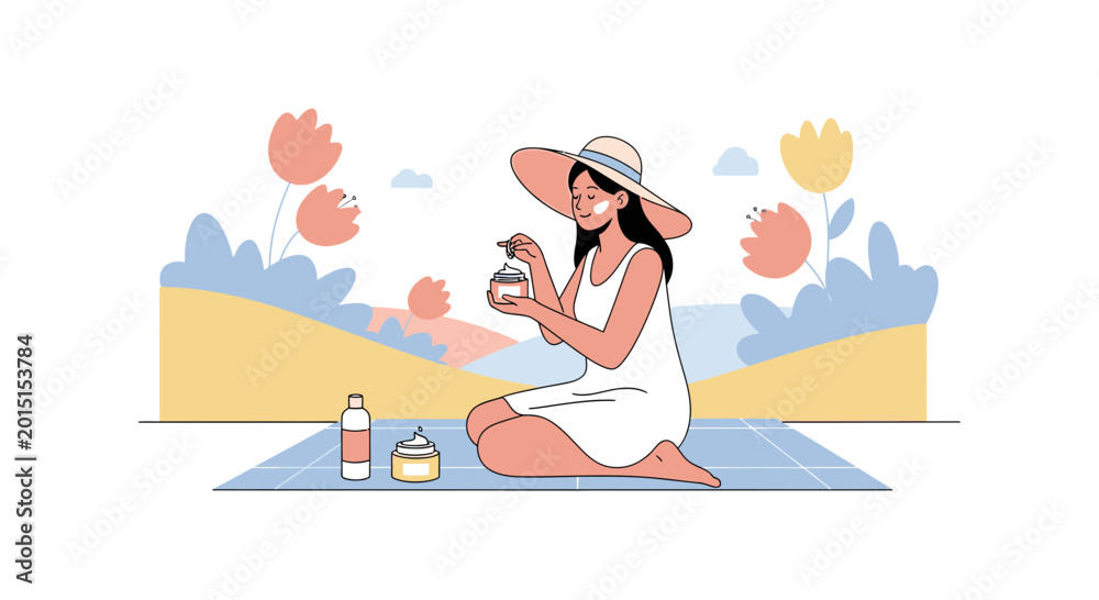 Obraz premium Woman applying sunscreen in a sunny meadow with flowers, summer skincare routine