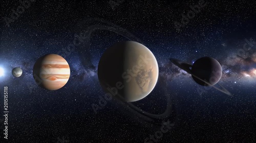 Detailed Rendering of Planets Against a Starry Background With Rings and Galactic Center