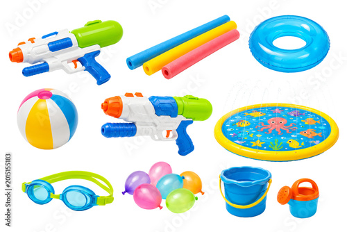 Water guns and summer pool toys set isolated on white. Summer vacation designs. Tropical themed projects. Fun seasonal visuals.