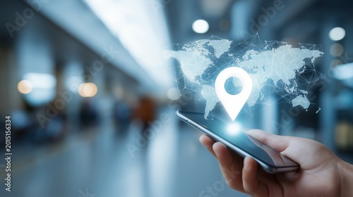 Hand holding smartphone with digital map and location pin in blurred airport terminal, travel navigation concept