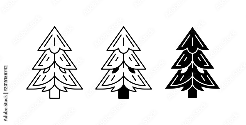 Fototapeta premium Christmas Tree Icons, Festive Evergreen Vector Graphics, Winter Holiday Symbols, Black and White Simple Designs