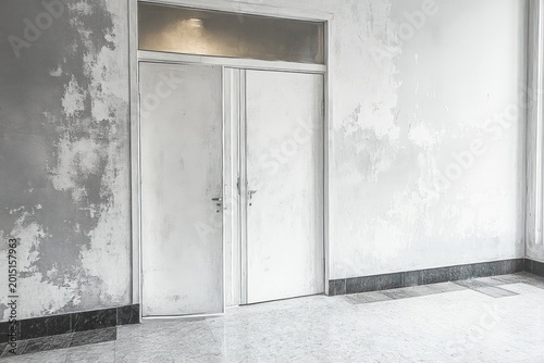 empty faded interior corridor with closed double doors, peeling plaster walls, worn stone floor, transom window and soft natural light conveying quiet abandoned atmosphere