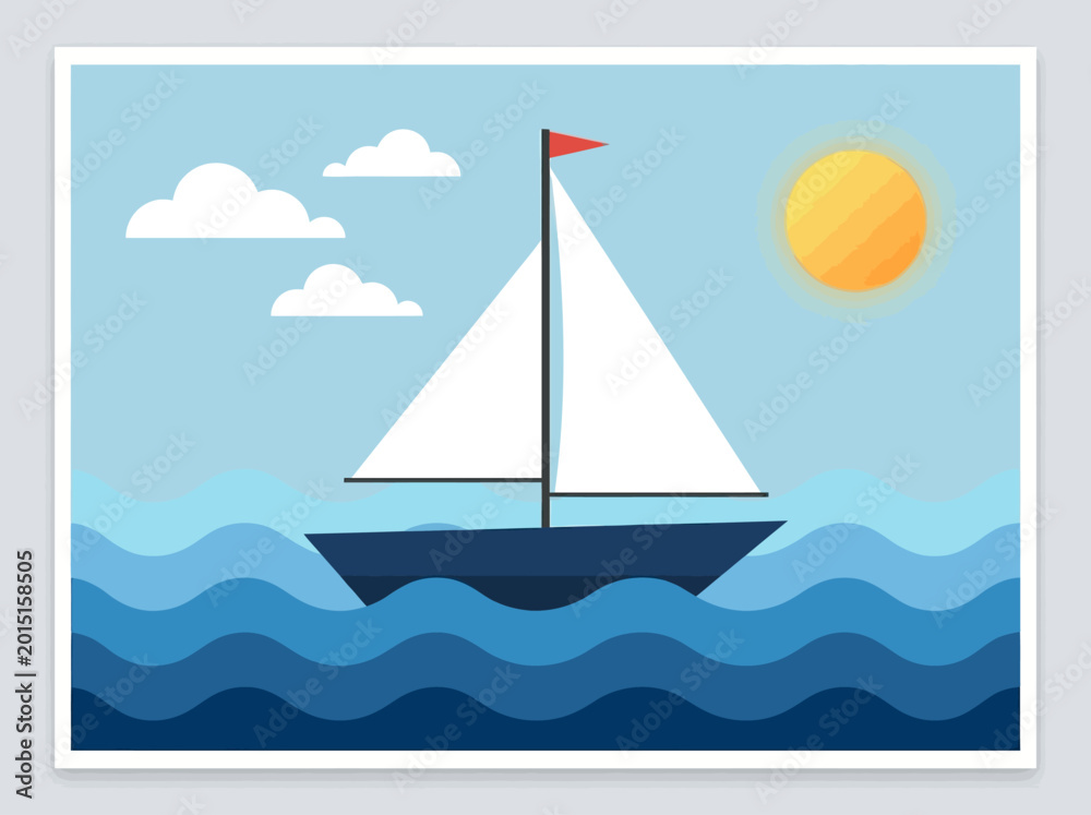 Naklejka premium Minimalist Sailboat Vector Illustration on Blue Ocean with Sun and Clouds, Flat Design Nautical Graphic for Travel and Adventure Concepts