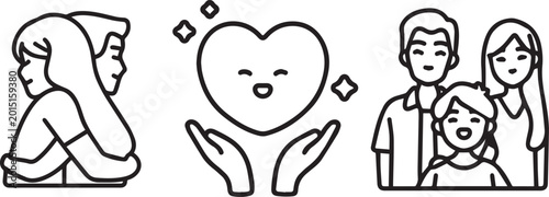 Tableau sur toile Family Love, Heartfelt Moments, Cute Line Icons, Vector Illustrations, 3 Emotion