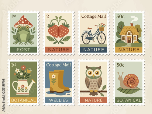 Fotografía Set of Vintage Style Postage Stamps with Cottagecore Nature and Botanical Illust