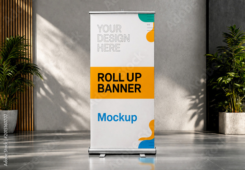 Vertical Roll Up Banner Mockup in Modern Minimalist Interior with Sunlight Shadows and Plants