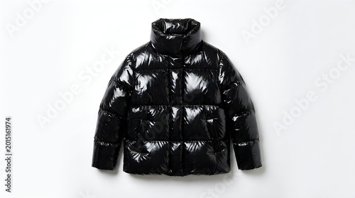 Black shiny puffer jacket isolated on white background