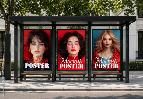 Bus stop shelter poster mockup with three vertical advertising display