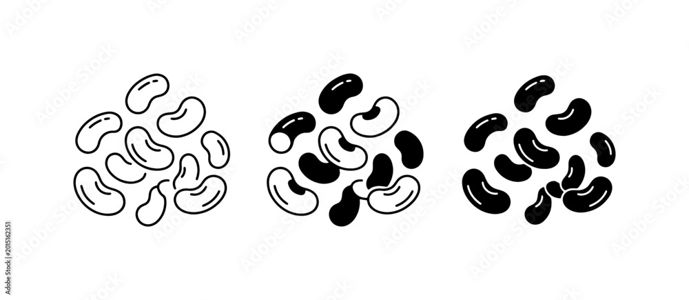 Fototapeta premium Bean Icons, Black and White Kidney Bean Illustrations, Simple Food Vector Graphics