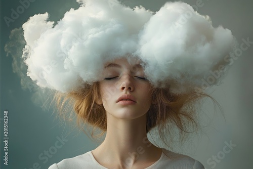 person with a large fluffy white cloud engulfing the head, wisps of hair and bare neck visible, surreal dreamy and contemplative mood