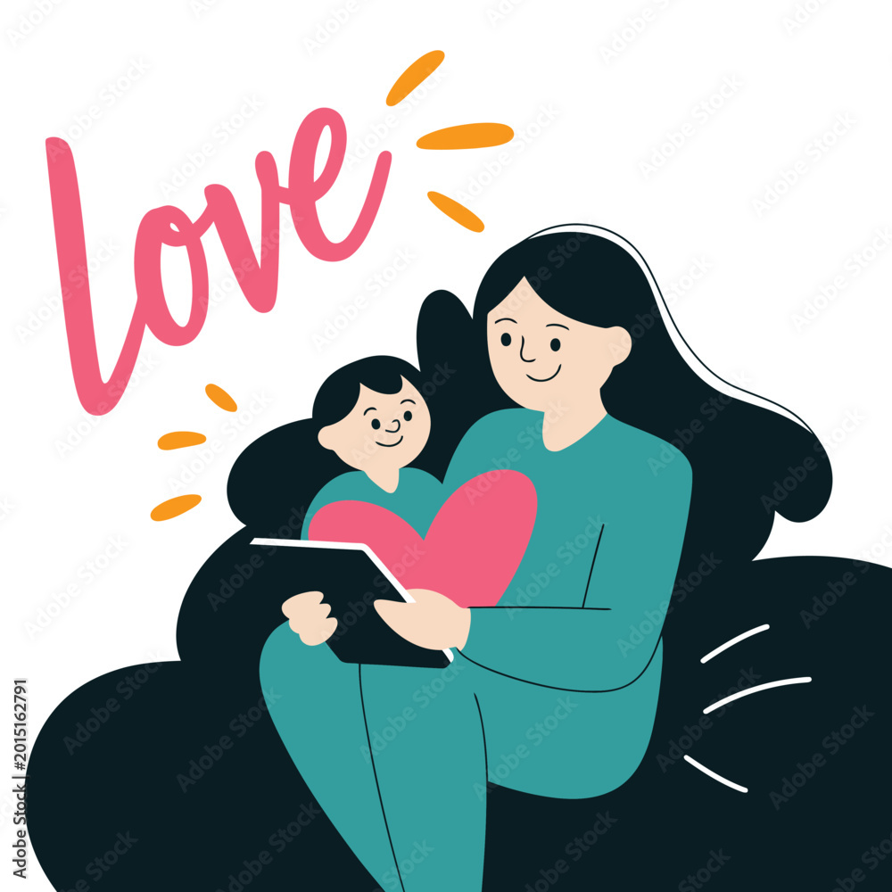 Obraz premium Mother and baby reading together illustrated affectionate scene