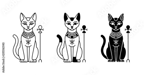Foto Egyptian Cat Goddess Bastet Icons, Ancient Deity Symbols, Black and White Vector