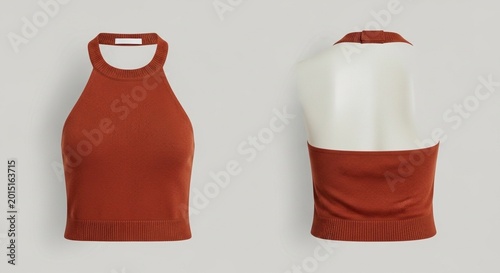 mockup brown halter crop top shown from front and back views on plain gray backdrops