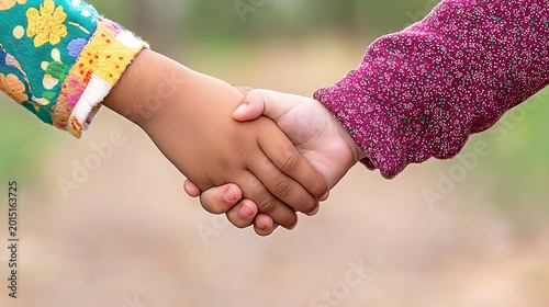Two young children holding hands outdoors wearing colorful patterned clothing sleeves