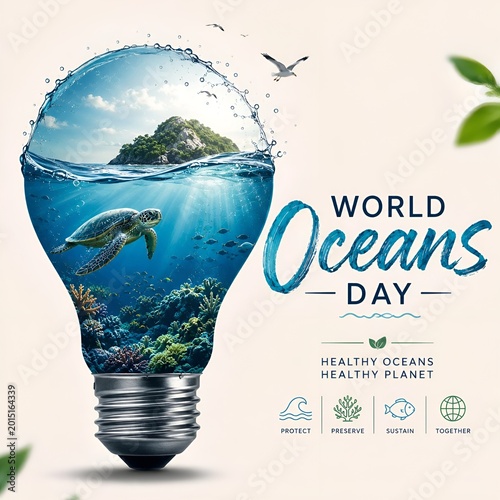 World oceans day concept with a sea turtle swimming inside a lightbulb, wildlife