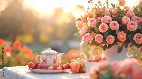 A floral teapot and fresh berries sit on a table beside a bouquet of pink roses at sunset