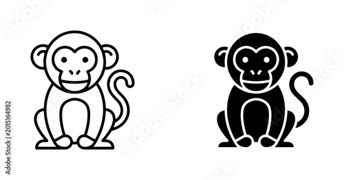 Photography Two Monkey Icons, Outline and Silhouette, Simple Vector Graphics for Wildlife an