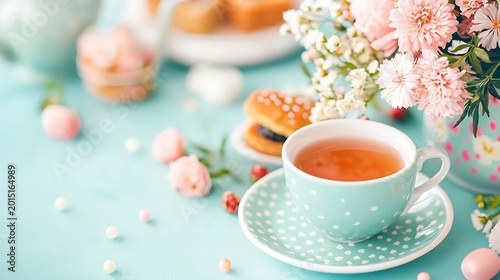 A porcelain teacup filled with hot tea sits beside a bouquet of spring flowers and cookies
