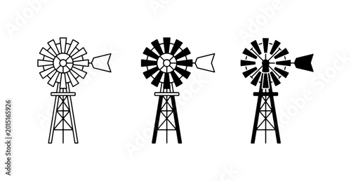 Schilderij op canvas Farm Windmill Icons, Rural Water Pump Vector Set, Agricultural Machinery Graphic