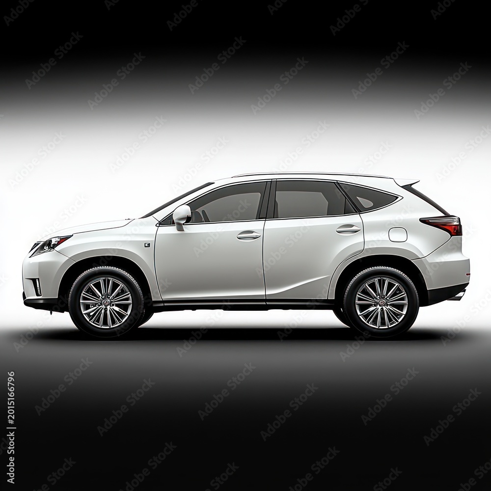 Obraz premium white metallic crossover suv in studio side profile with alloy wheels, tinted windows and streamlined roofline, sleek modern confident stance