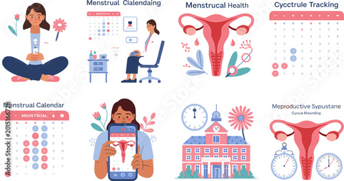 Women Menstrual Health and Reproductive System Collection with Cycle Tracking Calendar Uterus and Clinic Vector Set