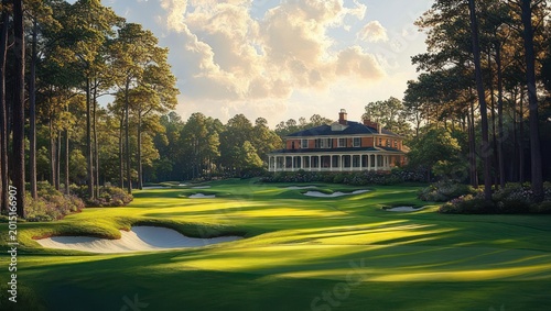 Sunlit golf fairway with sand bunkers, tall pines and an elegant two-story clubhouse under a clouded golden sky, serene and inviting morning scene