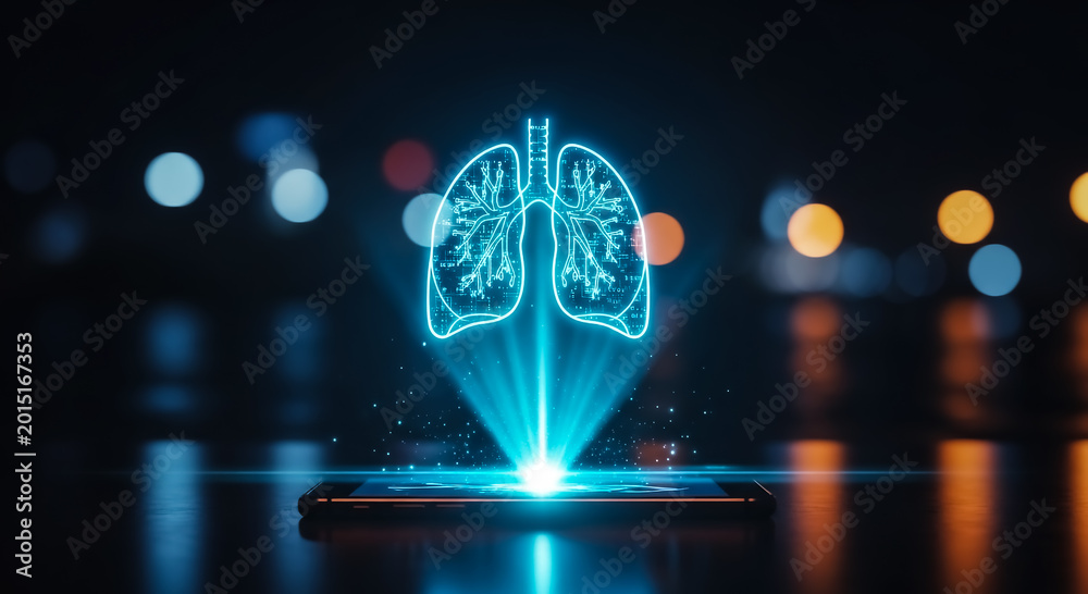 Obraz premium Holographic Lungs Illustration on Futuristic Interface