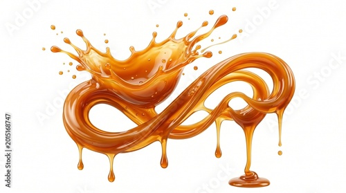 Golden caramel sauce splashing in abstract infinity shape on white background