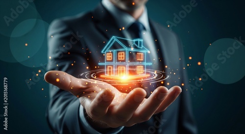 Man holding a glowing digital house model with futuristic glowing particles in a dark blue background