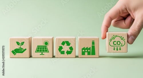 Hand placing co2 emissions block with sustainability icons on wooden cubes