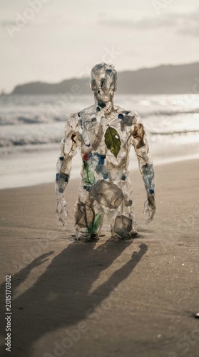 Plastic person sculpture demonstrating environmental danger, pervasive ocean pollution, coastal beach waste, ecological ecosystem threat, global human health hazard.