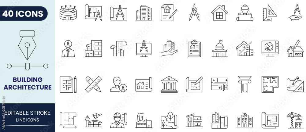 Fototapeta premium Building architecture icon set in outline style. Includes architecture, building, construction, structure, blueprint, and engineering icons. Editable stroke. Vector icon collection.