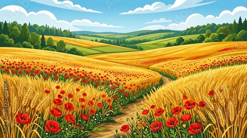 Harvest wheat and poppy field vivid harvest wheat field with poppy scatter illustration