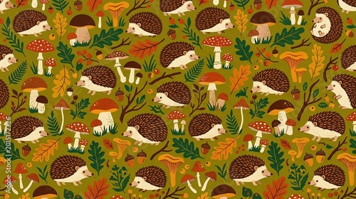 Hedgehog and mushroom repeat hedgehog and woodland mushroom scatter repeat vivid earthy