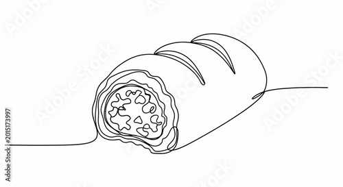 Konstfotografi Continuous line drawing of a savory pastry roll, isolated on white background