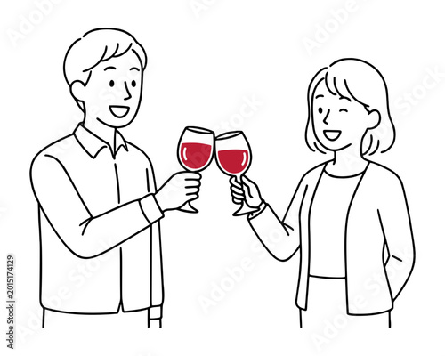 Obraz na plátně ワインで乾杯する男女の線画イラスト