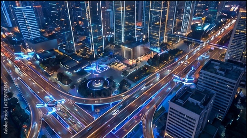 Neon Metropolis: Futuristic Night Skyline with Glowing Highways