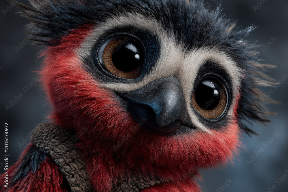 Fototapeta premium animal by ai, cute furry baby owl bird, big open eyes, dark background, photorealistic