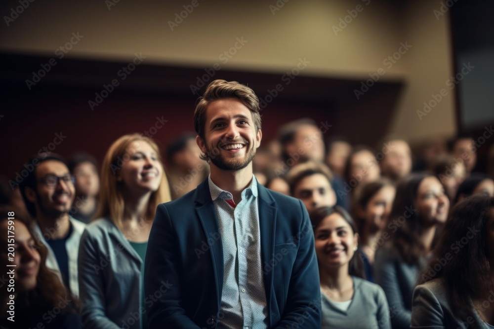 Obraz premium Smiling man and diverse audience listening attentively at a business event